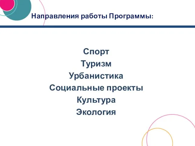 Направления работы Программы: Спорт Туризм Урбанистика Социальные проекты Культура Экология