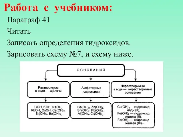 Работа с учебником: Параграф 41 Читать Записать определения гидроксидов. Зарисовать схему №7, и схему ниже.