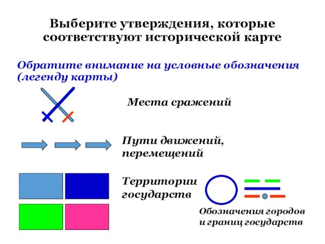 Выберите утверждения, которые соответствуют исторической карте Обратите внимание на условные обозначения