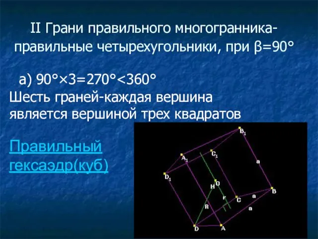 ΙΙ Грани правильного многогранника-правильные четырехугольники, при β=90° а) 90°×3=270° Шесть граней-каждая