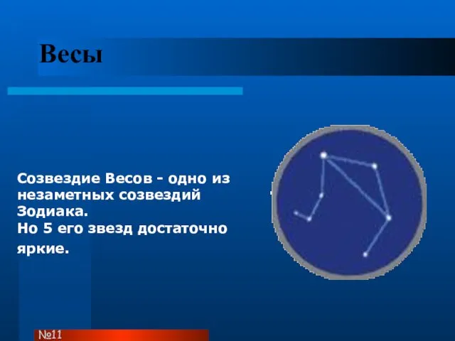 Весы Созвездие Весов - одно из незаметных созвездий Зодиака. Но 5 его звезд достаточно яркие. №11