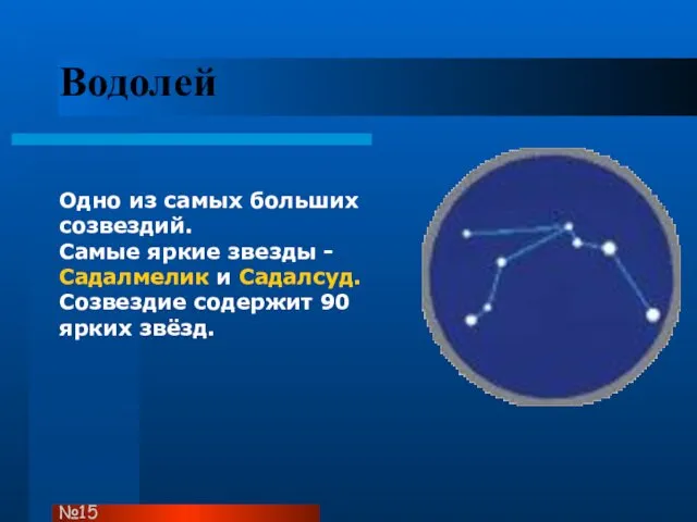 Водолей Одно из самых больших созвездий. Самые яркие звезды - Садалмелик