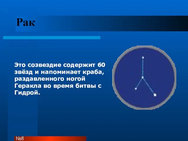 Рак Это созвездие содержит 60 звёзд и напоминает краба, раздавленного ногой