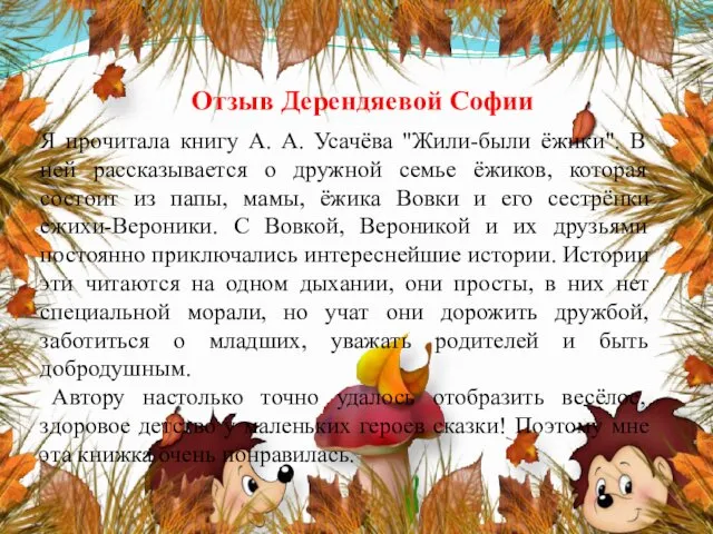 Отзыв Дерендяевой Софии Я прочитала книгу А. А. Усачёва "Жили-были ёжики".