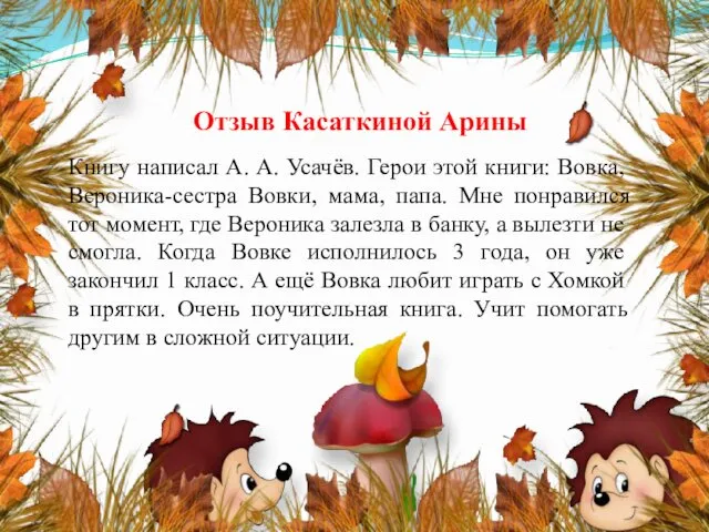 Отзыв Касаткиной Арины Книгу написал А. А. Усачёв. Герои этой книги: