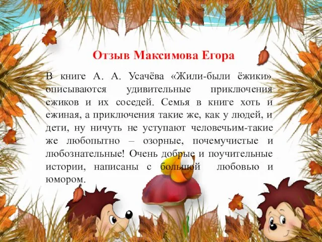 Отзыв Максимова Егора В книге А. А. Усачёва «Жили-были ёжики» описываются