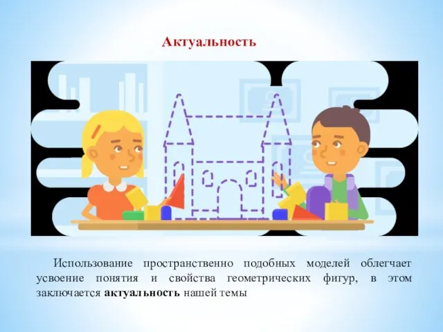 Актуальность Использование пространственно подобных моделей облегчает усвоение понятия и свойства геометрических