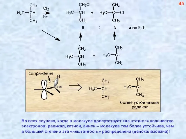 45 Во всех случаях, когда в молекуле присутствует «нештатное» количество электронов:
