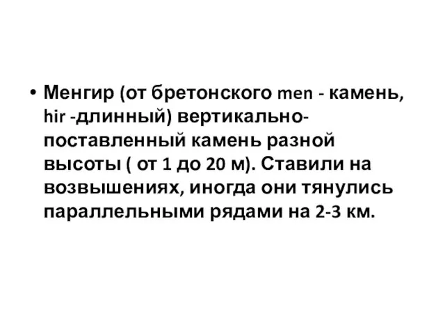 Менгир (от бретонского men - камень, hir -длинный) вертикально- поставленный камень