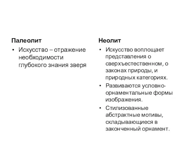 Палеолит Искусство – отражение необходимости глубокого знания зверя Неолит Искусство воплощает