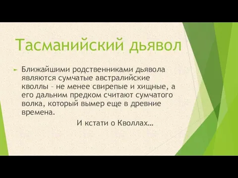 Тасманийский дьявол Ближайшими родственниками дьявола являются сумчатые австралийские кволлы – не