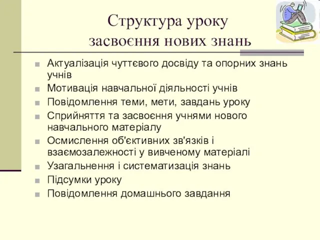 Структура уроку засвоєння нових знань Актуалізація чуттєвого досвіду та опорних знань