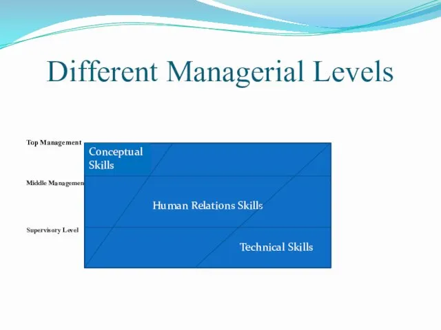 Different Managerial Levels Top Management Middle Management Supervisory Level Human Relations Skills Conceptual Skills Technical Skills