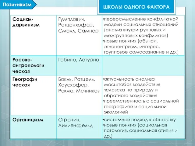 ШКОЛЫ ОДНОГО ФАКТОРА Позитивизм