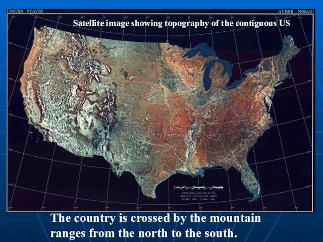 Satellite image showing topography of the contiguous US The country is