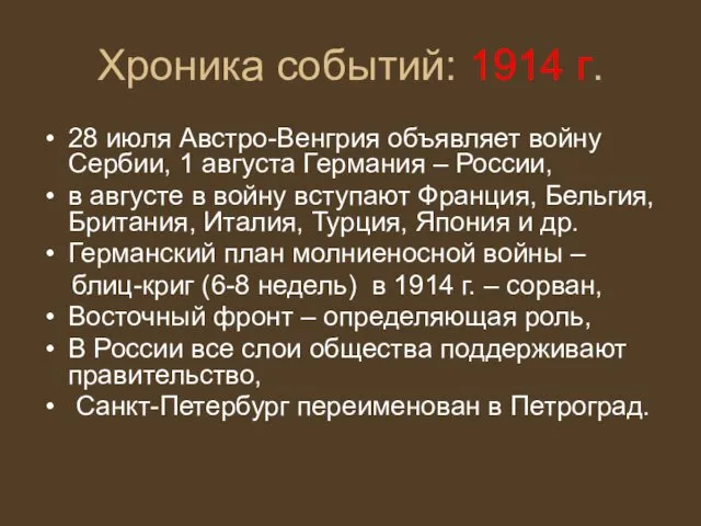 Хроника событий: 1914 г. 28 июля Австро-Венгрия объявляет войну Сербии, 1