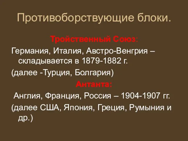 Противоборствующие блоки. Тройственный Союз: Германия, Италия, Австро-Венгрия – складывается в 1879-1882