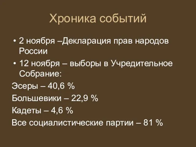 Хроника событий 2 ноября –Декларация прав народов России 12 ноября –