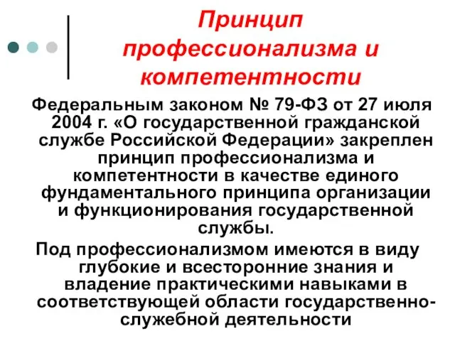 Принцип профессионализма и компетентности Федеральным законом № 79-ФЗ от 27 июля