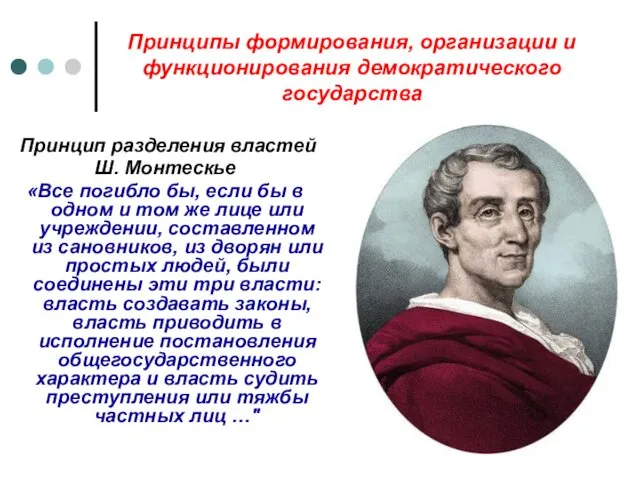 Принципы формирования, организации и функционирования демократического государства Принцип разделения властей Ш.