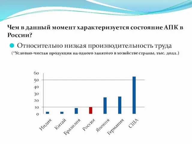 Чем в данный момент характеризуется состояние АПК в России? Относительно низкая