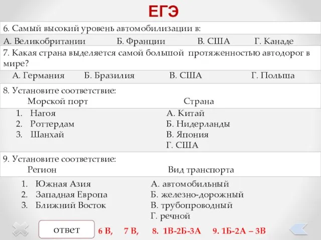 ЕГЭ 6. Самый высокий уровень автомобилизации в: 7. Какая страна выделяется