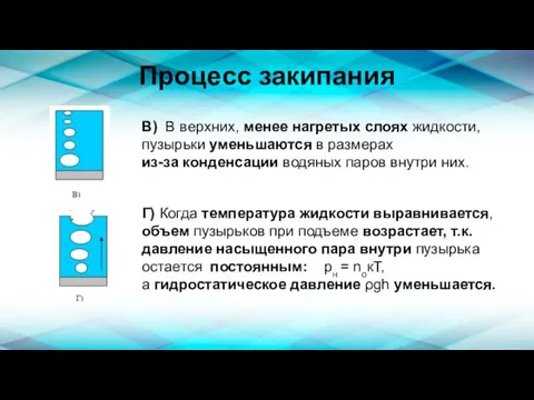 Процесс закипания В) В верхних, менее нагретых слоях жидкости, пузырьки уменьшаются