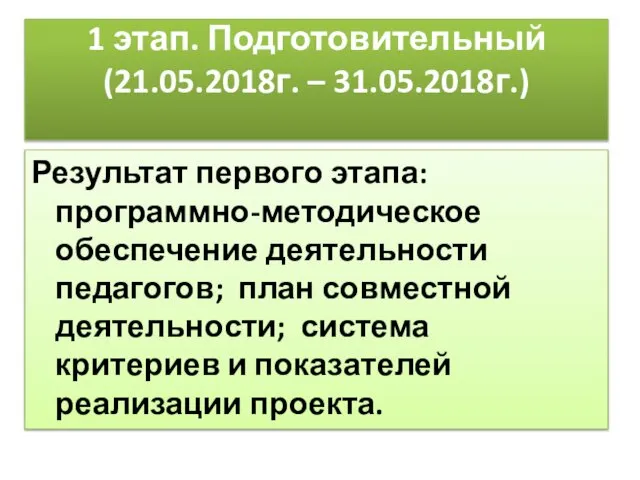 1 этап. Подготовительный (21.05.2018г. – 31.05.2018г.) Результат первого этапа: программно-методическое обеспечение