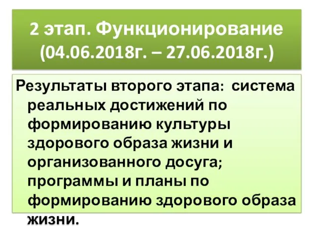 2 этап. Функционирование (04.06.2018г. – 27.06.2018г.) Результаты второго этапа: система реальных