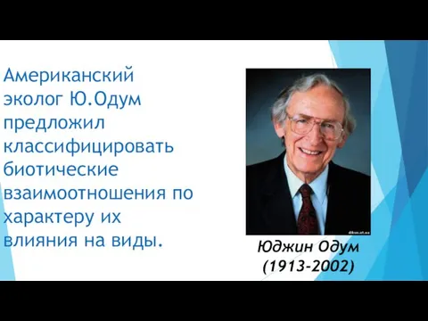 Американский эколог Ю.Одум предложил классифицировать биотические взаимоотношения по характеру их влияния на виды. Юджин Одум (1913-2002)