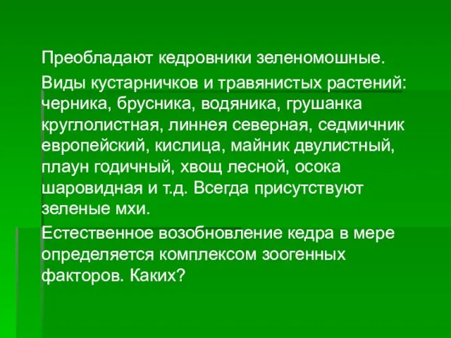 Преобладают кедровники зеленомошные. Виды кустарничков и травянистых растений: черника, брусника, водяника,