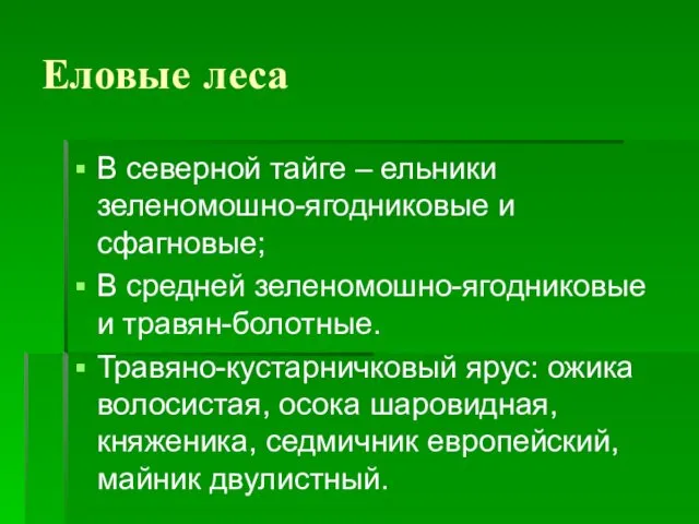 Еловые леса В северной тайге – ельники зеленомошно-ягодниковые и сфагновые; В