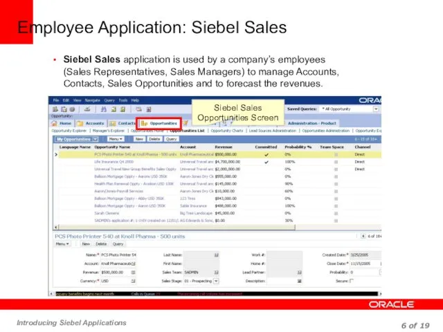Employee Application: Siebel Sales Siebel Sales application is used by a