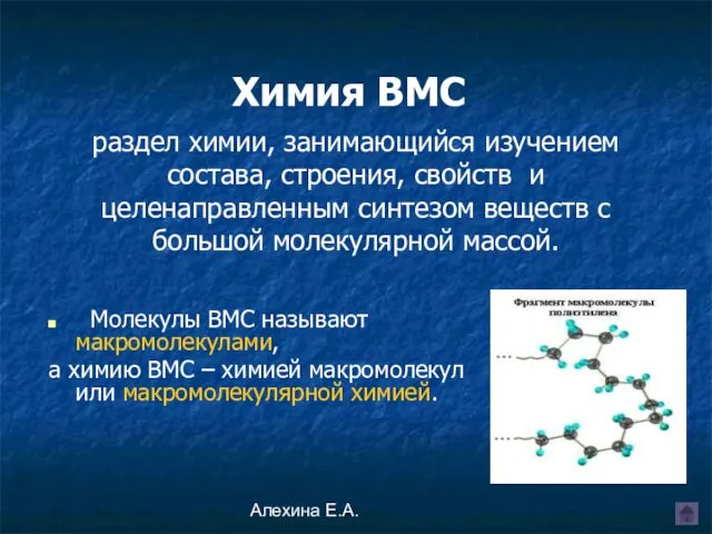 Алехина Е.А. Молекулы ВМС называют макромолекулами, а химию ВМС – химией