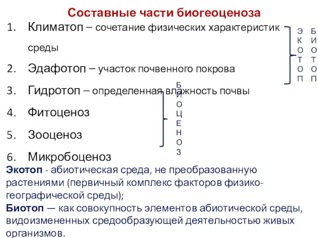 Составные части биогеоценоза Климатоп – сочетание физических характеристик среды Эдафотоп –