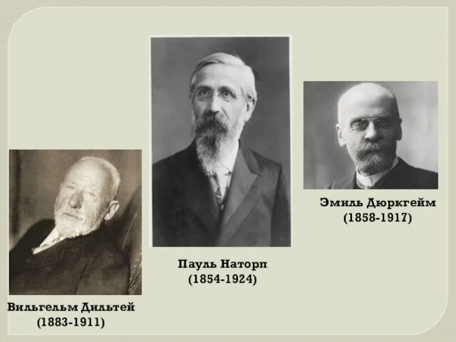 Пауль Наторп (1854-1924) Вильгельм Дильтей (1883-1911) Эмиль Дюркгейм (1858-1917)