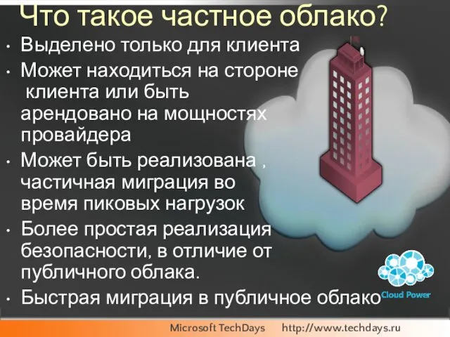 Что такое частное облако? Выделено только для клиента Может находиться на