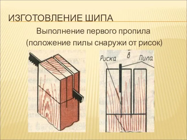 ИЗГОТОВЛЕНИЕ ШИПА Выполнение первого пропила (положение пилы снаружи от рисок)