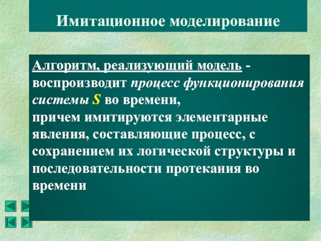 Имитационное моделирование Алгоритм, реализующий модель - воспроизводит процесс функционирования системы S