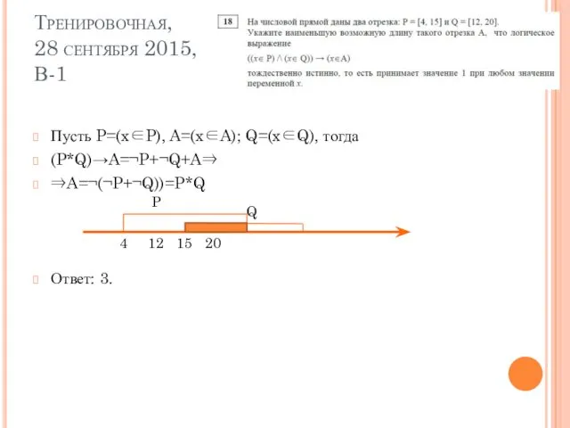 Тренировочная, 28 сентября 2015, В-1 Пусть P=(x∈P), A=(x∈A); Q=(x∈Q), тогда (P*Q)→A=¬P+¬Q+A⇒