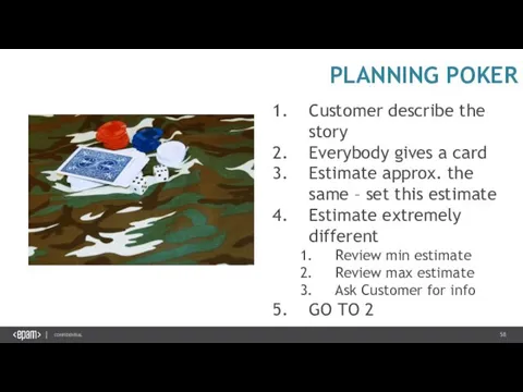 PLANNING POKER Customer describe the story Everybody gives a card Estimate