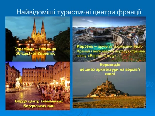 Найвідоміші туристичні центри франції Страсбург – «столиця об'єднаної Європи», Марсель –