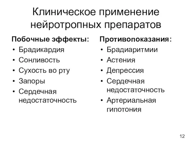 Клиническое применение нейротропных препаратов Побочные эффекты: Брадикардия Сонливость Сухость во рту