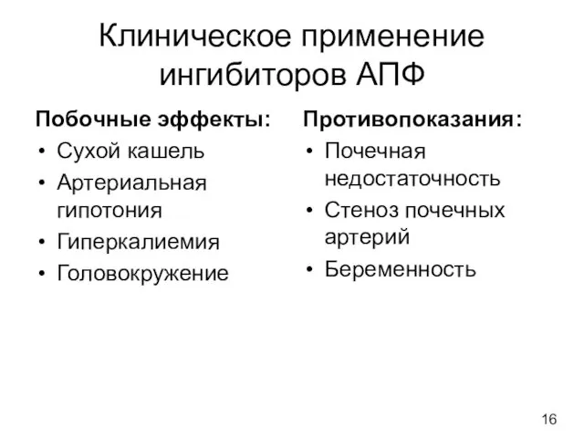 Клиническое применение ингибиторов АПФ Побочные эффекты: Сухой кашель Артериальная гипотония Гиперкалиемия