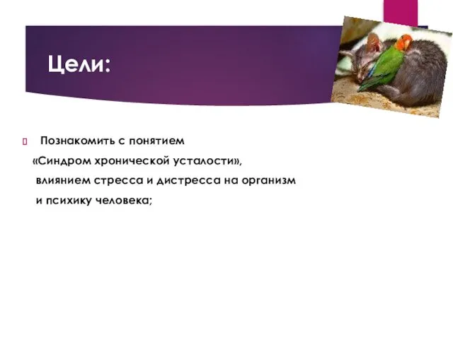 Цели: Познакомить с понятием «Синдром хронической усталости», влиянием стресса и дистресса на организм и психику человека;