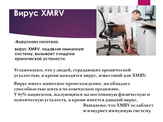 Вирус XMRV «Вирусная» гипотеза: вирус XMRV, подавляя иммунную систему, вызывает синдром