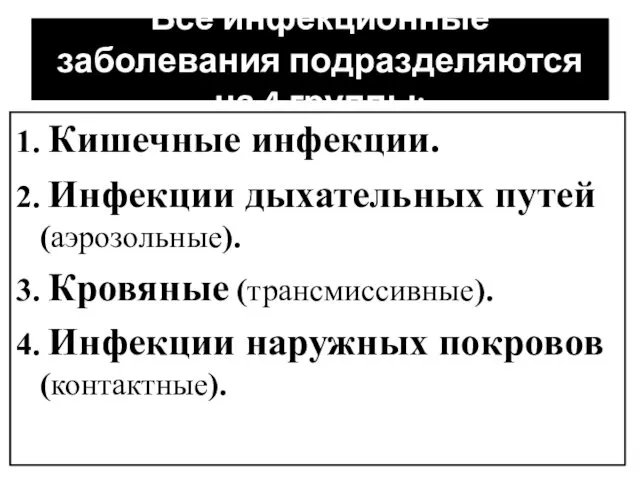 Все инфекционные заболевания подразделяются на 4 группы: 1. Кишечные инфекции. 2.