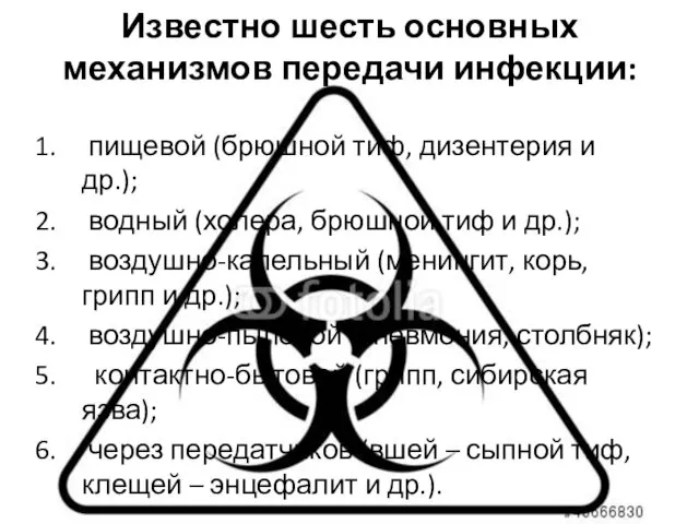 Известно шесть основных механизмов передачи инфекции: пищевой (брюшной тиф, дизентерия и