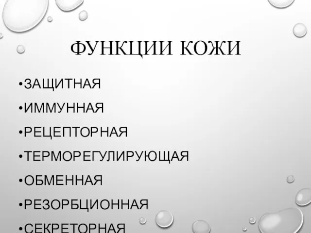 ФУНКЦИИ КОЖИ ЗАЩИТНАЯ ИММУННАЯ РЕЦЕПТОРНАЯ ТЕРМОРЕГУЛИРУЮЩАЯ ОБМЕННАЯ РЕЗОРБЦИОННАЯ СЕКРЕТОРНАЯ ДЫХАТЕЛЬНАЯ