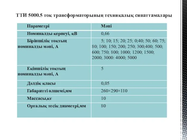 ТТИ 5000.5 ток трансформаторының техникалық сипаттамалары